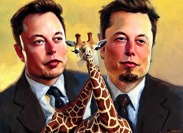 Image similar to a highly detailed beautiful portrait of elon musk with a giraffe, by gregory manchess, james gurney, james jean