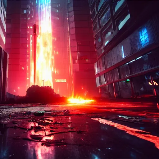 Prompt: a black hole is destroying a gothic cyberpunk City, catastrophic, fire and explosions, the feeling of dread, photorealistic, octane render, unreal engine