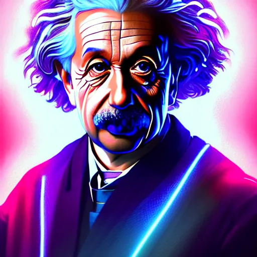 Image similar to symmetry!! portrait of albert einstein, sci - fi, tech wear, glowing lights!! intricate, elegant, highly detailed, digital painting, artstation, concept art, smooth, sharp focus, illustration, art by artgerm and greg rutkowski and alphonse mucha