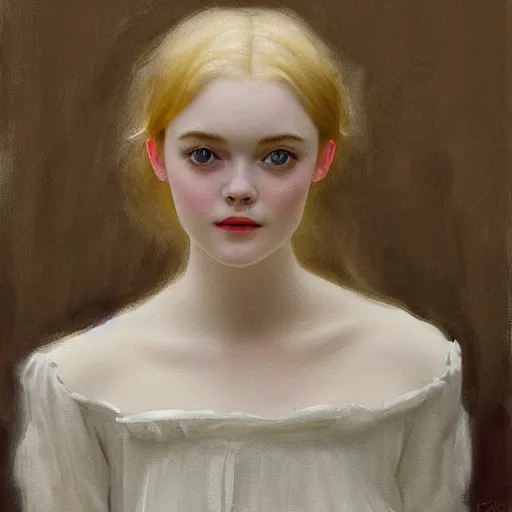 Image similar to Painting of Elle Fanning at a cafe, long blonde hair, delicate, pale milky white porcelain skin, by Ramon Casas. 8K. Extremely detailed.