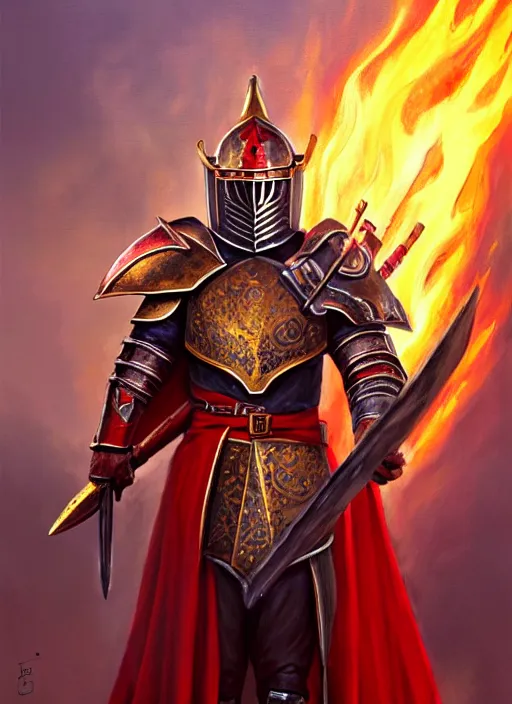 Image similar to a _ fantasy _ style _ portrait _ painting _ of knight with red plume, gold sword and big shield, fire background, firey environment, oil _ painting _ unreal _ 5 _ daz. _ rpg _ portrait _ extremely _ detailed _ artgerm _ greg _ rutkowski _ greg