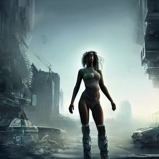 Prompt: a very detailed digital image of a futuristic woman in a post-apocalyptic city, extremely detailed woman, stunning volumetric lighting, hyper realism, fantasy 4k