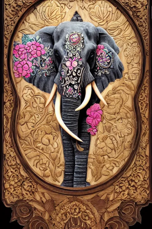 Image similar to Painted dark-wood panel relief carving of a Flowerpunk Matriarch Elephant, ornate border frame, explosion of colorful flowers, dark wood, intricately carved, black ink, festival of rich colors, intricate details, cinematic lighting, volumetric lighting, post-processing, by andreas rocha and john howe, and Martin Johnson Heade, featured on artstation, featured on behance, golden ratio, hyper detailed, photorealistic, epic composition, center spotlight, f32, well composed, UE5, 8k