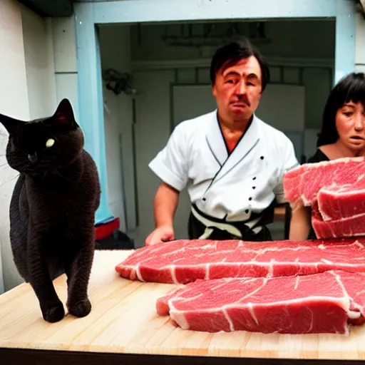 Image similar to angry japanese butcher slices meat next to two cute cats looking at him