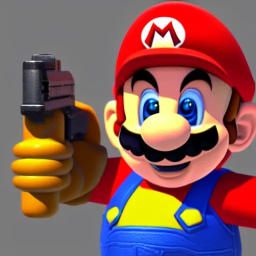 Prompt: Super Mario holding a gun,CG graphics