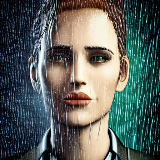Image similar to stylish cartoon portrait made out of rain, pinstripe suit, cyberpunk background, rendered in octane, unreal engine, highly detailed, trending on artstation, realistic, neon, beautiful, volumetric lighting, depth of field