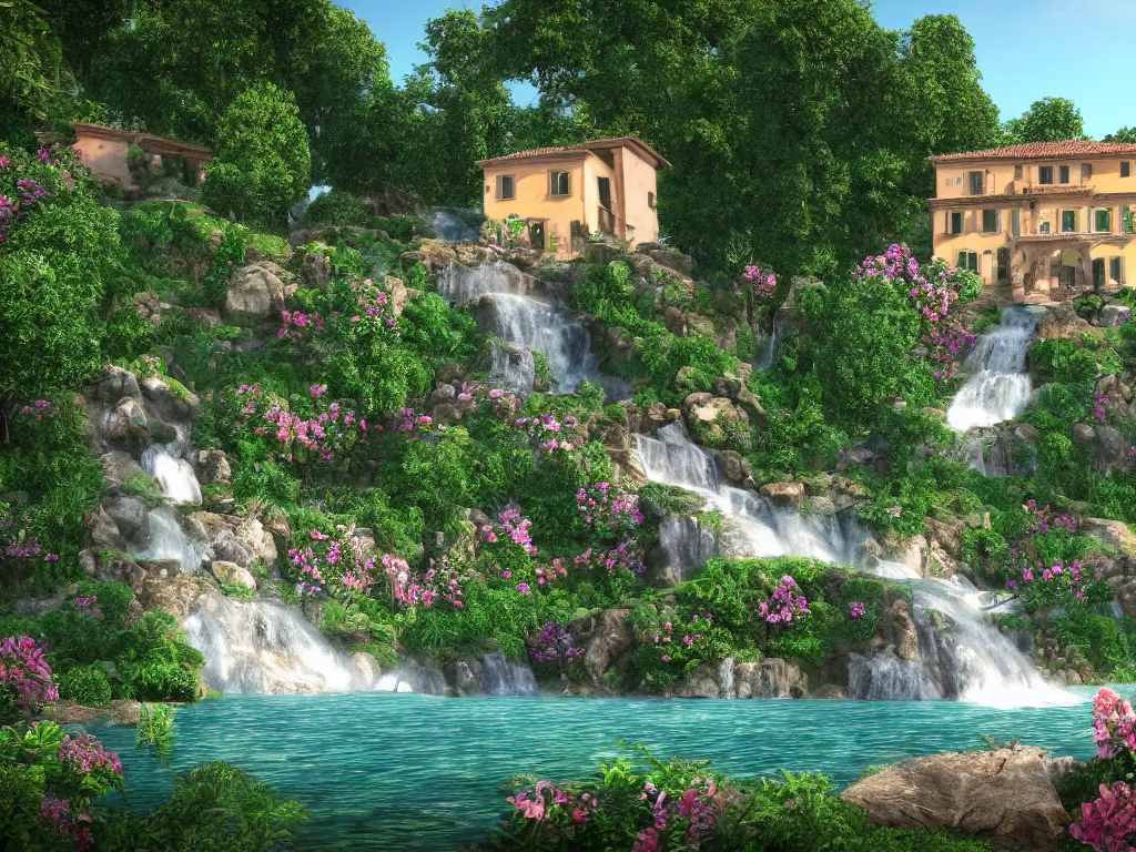 Prompt: Italian villa with a beautiful waterfall in the background, bloom effect, 8k, god rays, trending on artstation