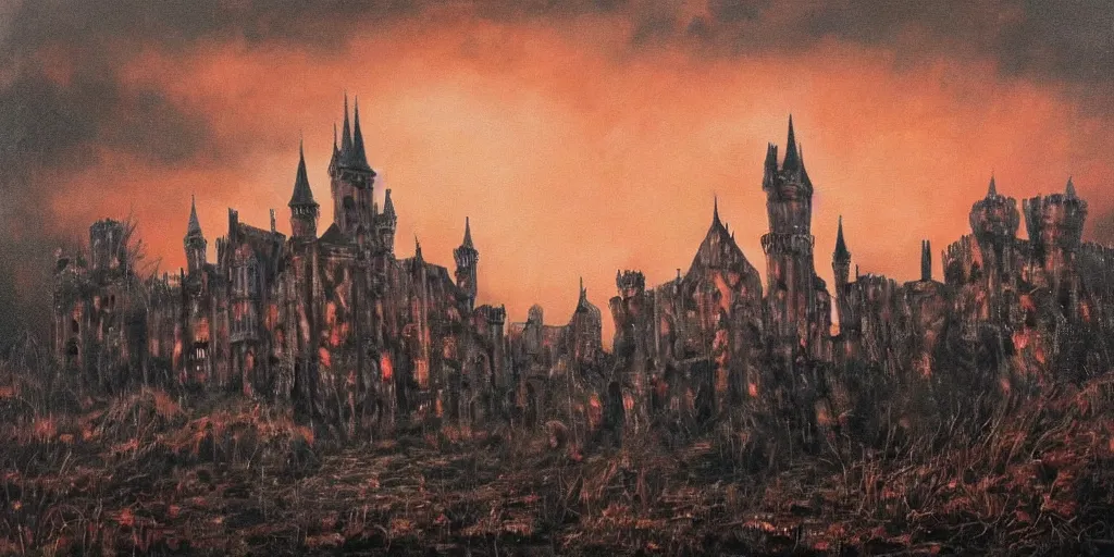 Image similar to a beautiful and gothic castle in the distance. Red sky. Dark ambient. Gothicpunk. Detailed oil on canvas. Art in style of Frances Ann Hopkins. High definition