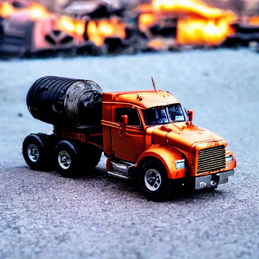 Image similar to 3 5 mm photo of steel terminator truck like hot wheels model with a post apocalyptic city as background, epic cinematic, epic lighting