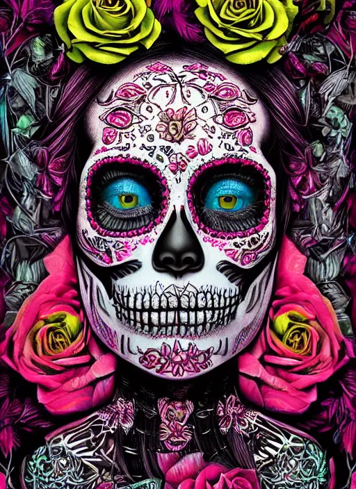 Image similar to portrait of a sugar skull, neon eyes, intricate, highly detailed, smooth, digital illustration, artstation, the dark and quirky art of scott radke