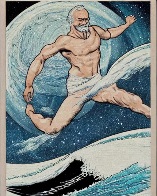 Image similar to a man made of silver surfing the cosmos