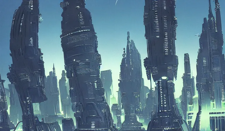 Image similar to A alien cityscape , metropolis and space craft overhead in the style of Syd Mead , Chris Foss .