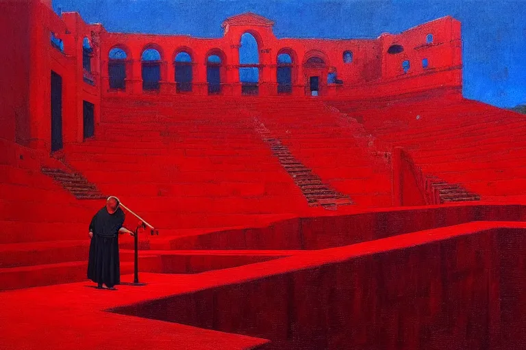 Image similar to only with red, a red great emperor, taormina amphitheatre, expressive crowd with big smile, in the style of beksinski, parts by edward hopper, parts by rodcenko, parts by yue minjun, intricate and epic composition, red by caravaggio, insanely quality, highly detailed, masterpiece, red light, artstation, 4 k