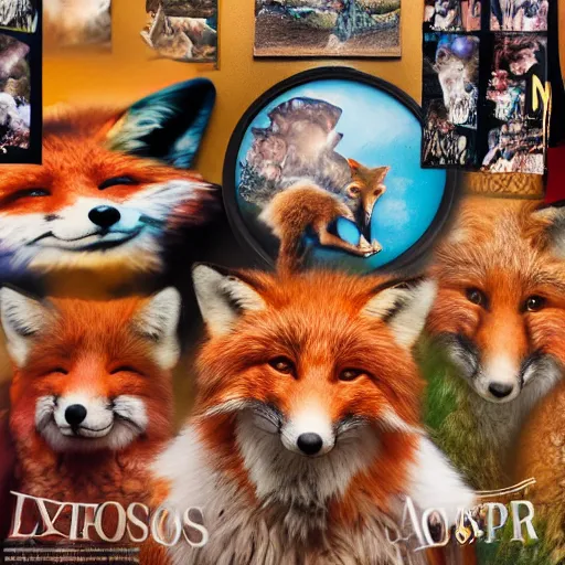 Image similar to photorealistic music album cover, with foxes animals wearing clothes, all looking at camera, studio lighting, award winning photograph, 8 5 mm f / 1. 4