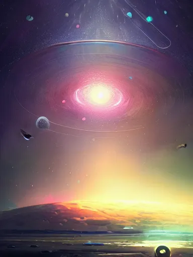 Image similar to concept art of an alien outer space galaxy, open expanse, stars, meteorites, floating debris, beautiful, fantasy, colorful, cinematic lighting, artstation, trending, highly detailed, focus, smooth, by studio ghibli, rossdraws, hirohiko araki, conrad roset, yoshitaka amano