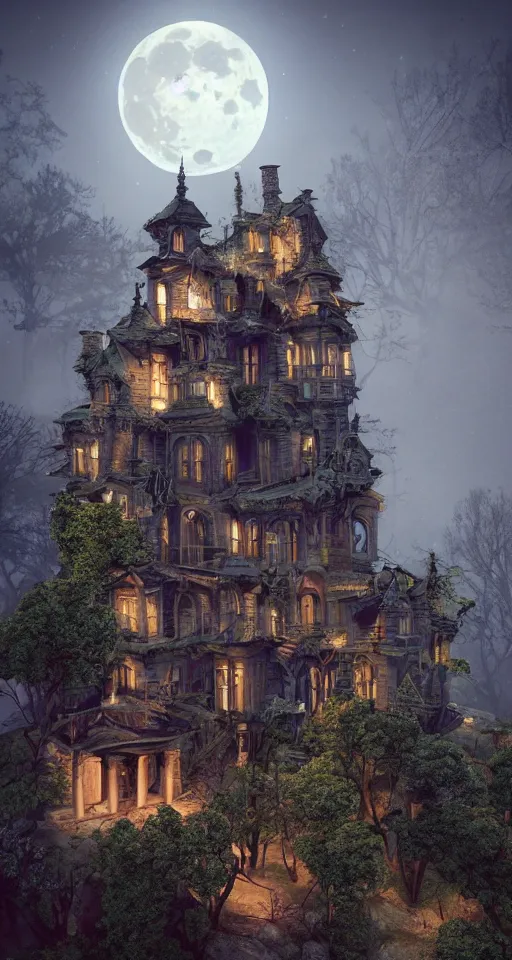 Prompt: A haunted Mansion on the mountain's edge at night during the Lunar Eclipse, evil, demonic, enchanting, angelic, flowers, nature, city, symmetry, environment concept, cinematic, Rendered in Octane, trending on artstation, cgsociety, moody lighting rendered by octane engine, environment 8K artstation, cinematic lighting, intricate details, 8k detail post processing, hyperealistic, octane render, photo realism, visually inspired by Stephen King