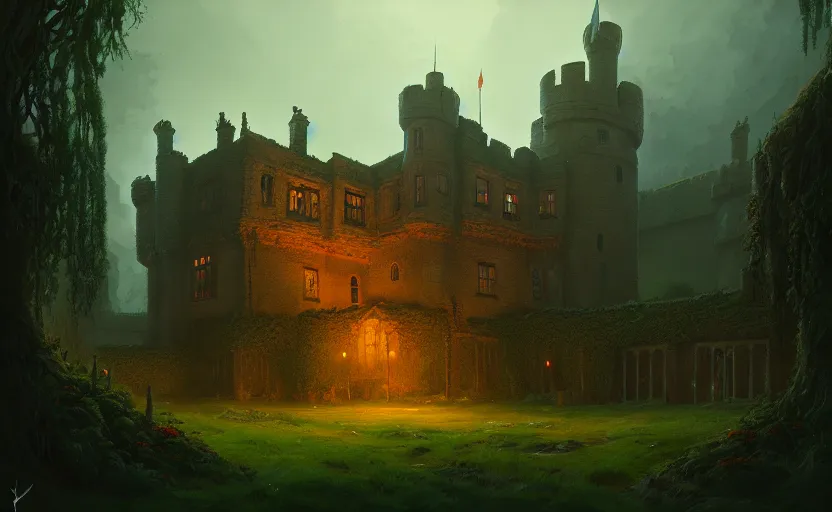 Prompt: an old english castle covered by plants with moody and cinematic lighting by greg ruthkowski and simon stalenhag jama jurabaev and illya repin, cinematic and atmospheric, concept art, artstation, trending on artstation