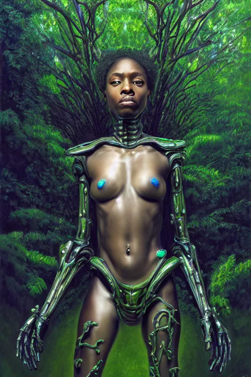 Image similar to hyperrealistic post - baroque super expressive! black woman with exoskeleton armor, merging with tree in a forest, highly detailed digital art masterpiece smooth cam de leon eric zener dramatic pearlescent blue green light ground angle hd 8 k sharp focus