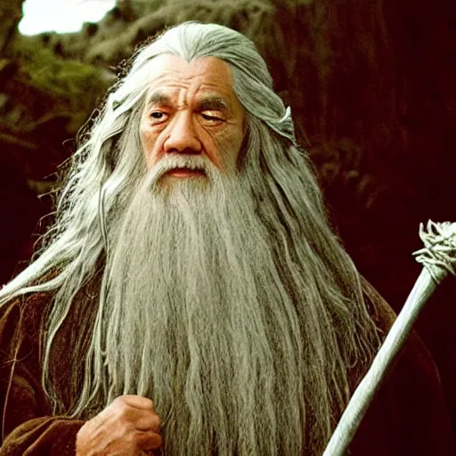 Prompt: a still from “ lord of the rings ” of a head and shoulders portrait of fei lung as a gandalf the wizard with a hat and a wooden staff, photo by phil noto