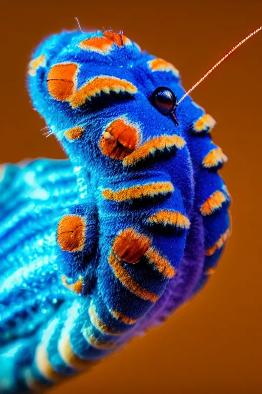 Prompt: high quality close-up photo neoclassical puss moth caterpillar! gorgeous highly detailed hannah yata elson peter cinematic blue lighting high quality low angle hd 8k sharp shallow depth of field