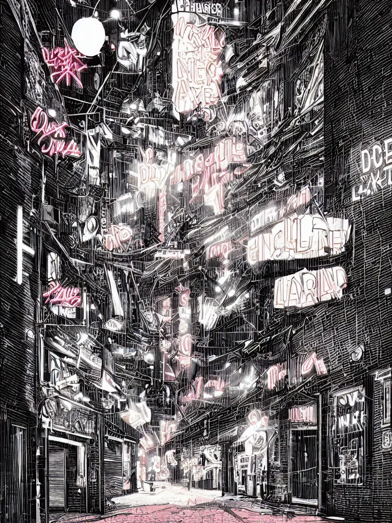 Image similar to a dark alley with a nightclub with neon signs by olivier bonhomme, digital illustration