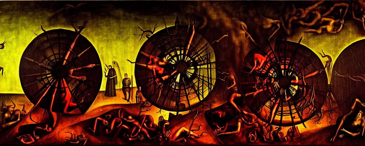 Image similar to trapped on a hedonic treadmill, dark uncanny surreal painting by bosch, dramatic lighting from fire glow, mouth of hell, ixions wheel