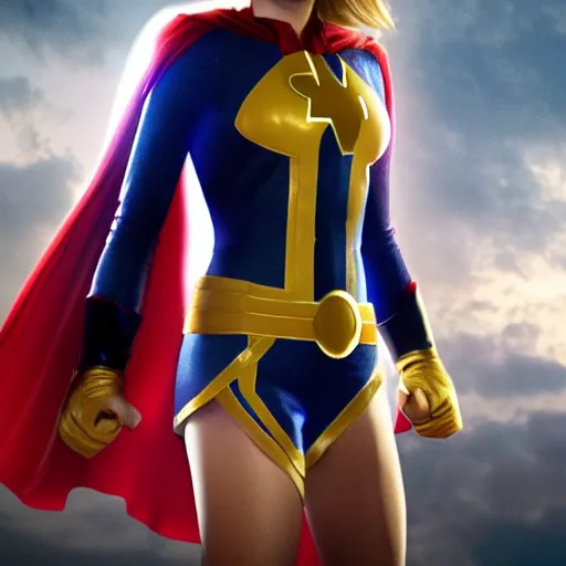 Prompt: Brie Larson as Power Girl, full body with costume, realistic, 4k