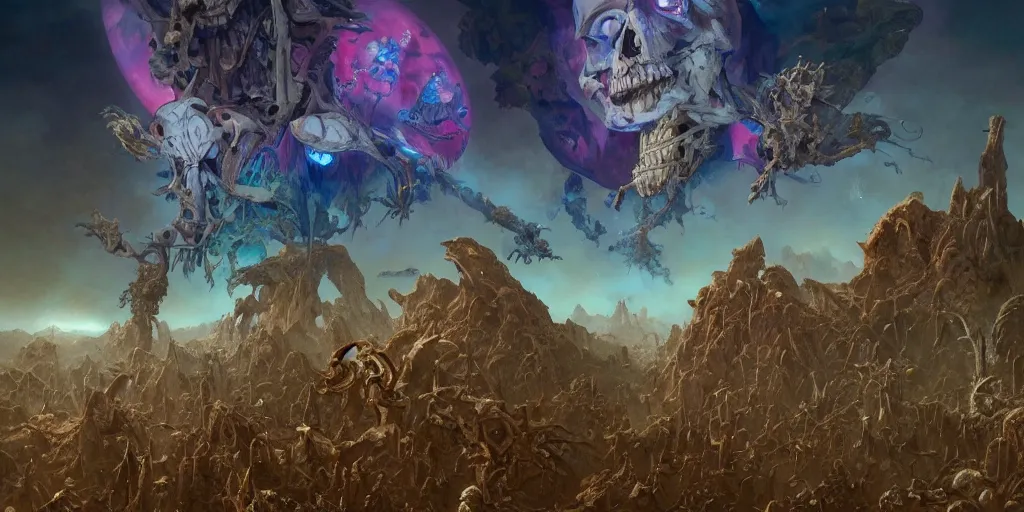 Prompt: horde of skeletons attacking on a distant planet, skeletal spaceships, coherent design, symmetrical, vivid color, complementary color, rule of thirds, detailed, sharp lines, intricate, vivid color, rainbowshift, by peter mohrbacher, by maxfield parrish, by gustave dore, by h. r. giger, by emil melmoth, deviantart, octane render
