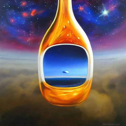 Prompt: a hyper realistic painting of the universe contained inside of a bottle floating in space