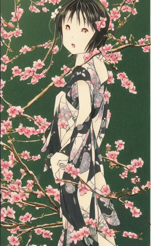 Prompt: by akio watanabe, manga art, a girl and blossoming blackthorn branch, trading card front, kimono, realistic anatomy, sun in the background