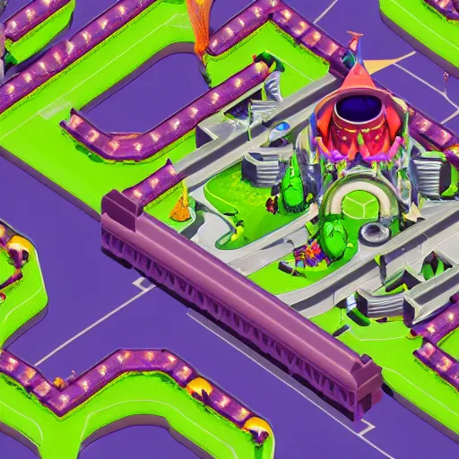 Prompt: isometric aerial view of a new mario kart 64 level, featuring the eye of sauron, helm's deep, and barney the purple dinosaur