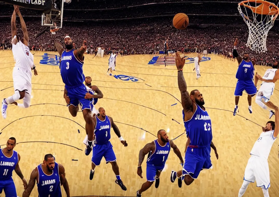 Prompt: a panoramic shot of adam sandler dunking on lebron james in the nba, highly detailed photo, zoomed out, adam sandler in focus