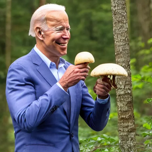 Image similar to joe biden eating mushrooms in the forest