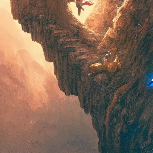 Image similar to angel protecting man falling from a cliff, detailed intricate ink illustration, happy atmosphere, detailed illustration, hd, 4k, digital art, overdetailed art, by greg rutkowski, by loish, complementing colors, Trending on artstation, movie poster style