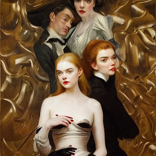 Prompt: elle fanning, ana de armas, anya taylor - joy in prey picture by j. c. leyendecker and peter paul rubens, asymmetrical, dark vibes, realistic painting, organic painting, matte painting, geometric shapes, hard edges, graffiti, street art : 2 by j. c. leyendecker and peter paul rubens : 4