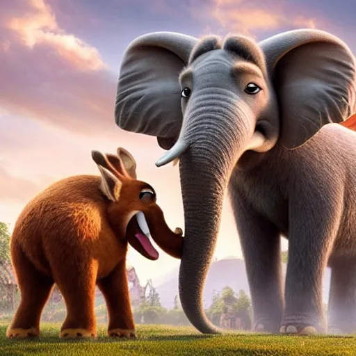 Prompt: a moose kissing an elephant in zootopia (2016)