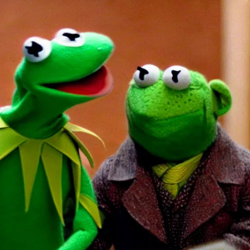 Prompt: A still of Kermit The Frog in Goodfellas