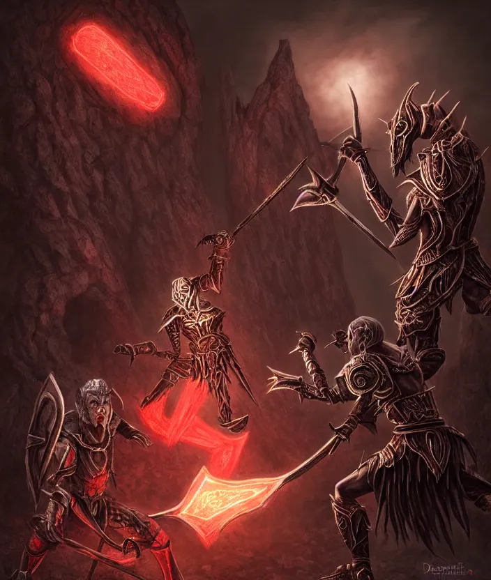 Prompt: A Dark Elf Telvanni in Daedric armor with white hair and glowing red eyes fights a dwemer Centurion in a dwemer ruin, Hyper realism, glow, runes, magic, morrowind, Oblivion, Skyrim, dark, gloomy, steam, ancient machines, lava, gears