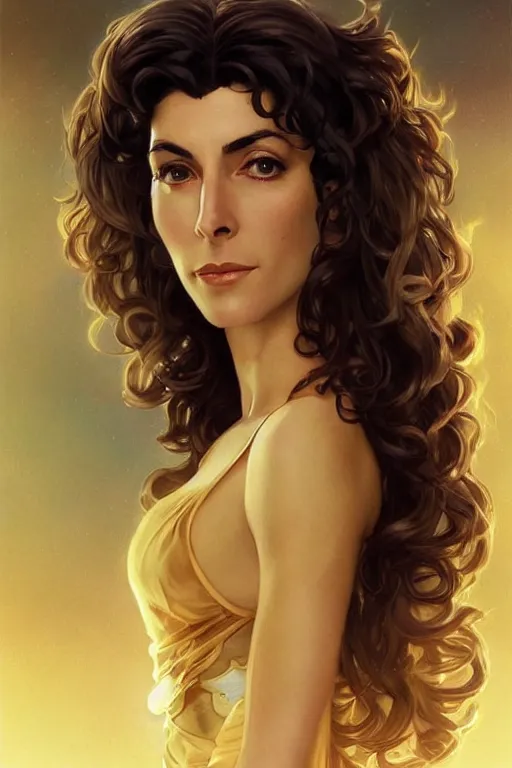 Image similar to claudia black as deanna troi, masterpiece, intricate, elegant, highly detailed, digital painting, artstation, concept art, smooth, sharp focus, illustration, art by artgerm and greg rutkowski and alphonse mucha and uang guangjian and gil elvgren and sachin teng, symmetry!!