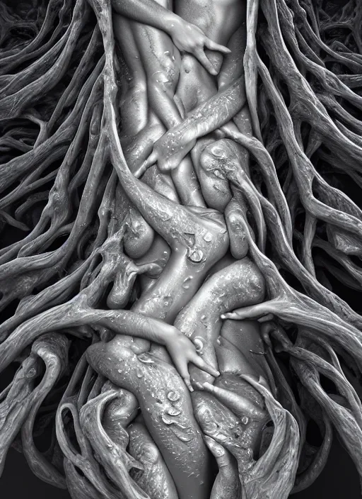 Image similar to beautiful human bodies intertwined, 3 d fractals, mandelbulb, dripping wet, skin, highly detailed, hyperrealism, cinematic