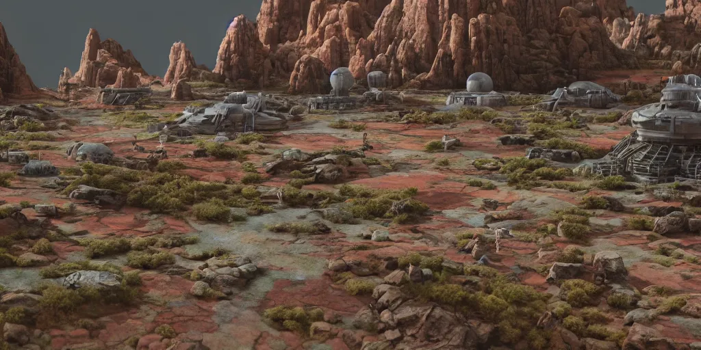 Image similar to flat surface, sci-fi rocky terrain environment in the style of a miniature movie sets and 1980s matte paintings by Lucasfilm ultra realistic, 4K, movie still, UHD, sharp, detailed, cinematic, render, star wars, star trek, 1970s