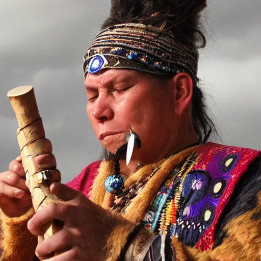 Image similar to a shaman playing a bone flute, a female air elemental coming out of the other end of a flute