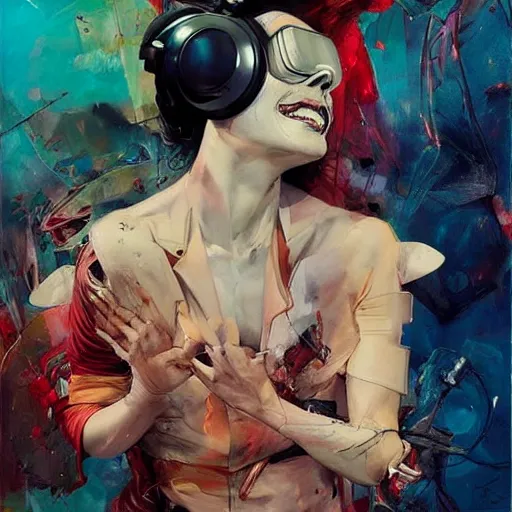 Prompt: grinning woman in a vr headset wearing leather outfit, dynamic energic pose, cyberpunk in the style of adrian ghenie, esao andrews, jenny saville, surrealism, dark art by james jean, takato yamamoto