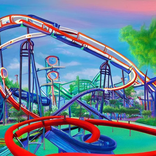 Prompt: view of modern futuristic amusement park, roller coaster, water park, detailed luminescent oil painting 4 k