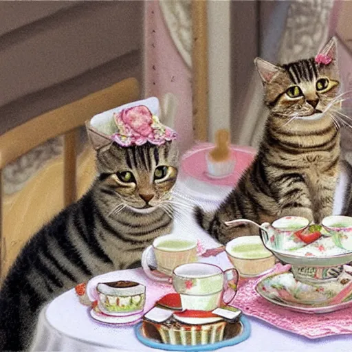 Image similar to three tabby cats attend a fancy english tea party, photorealistic photorealism