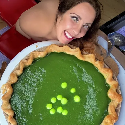 Prompt: photo of a beautiful woman swimming in a giant pie floater, which is a giant pie floating in mushy peas and gravy