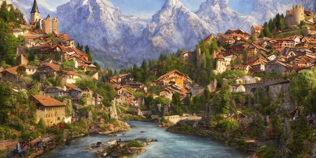 Prompt: view of medieval walled city nestled in a mountain with small river flowing through center, large castle high up in a mountain peak in the background, alpine architecture, half - timbered, chalet, soft colors, cozy, very beautiful, intricate, majestic, concept art, artgerm, james gurney, trending on art station