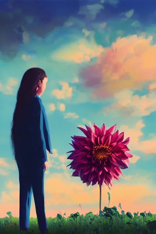 Image similar to closeup giant dahlia flower head, girl in a suit, surreal photography, blue sky, sunrise, dramatic light, impressionist painting, digital painting, artstation, simon stalenhag