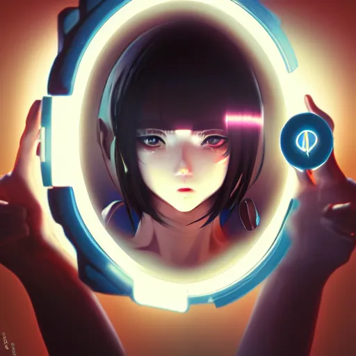 Image similar to digital anime, cyborg - girl breaking a mirror, mechanical insides, reflections, wlop, ilya kuvshinov, artgerm