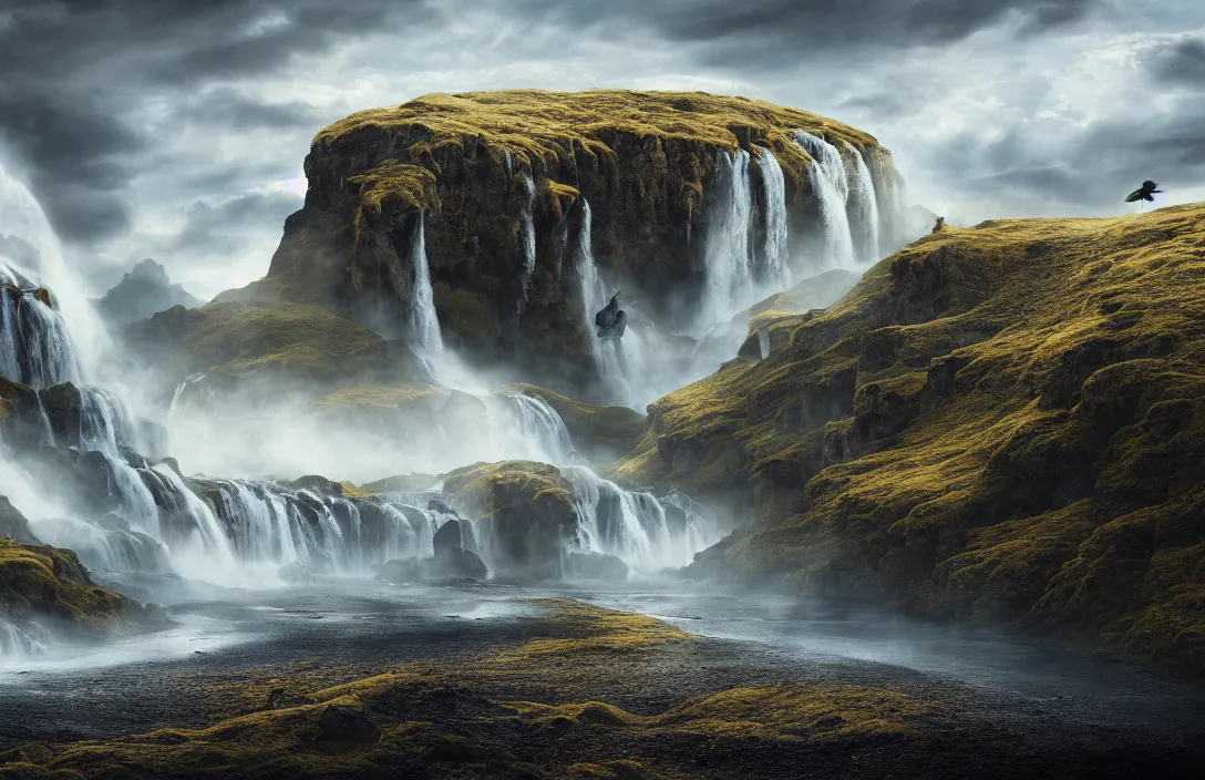 Image similar to a huge arc far away in a hyperreal mattepainting icelandic landscape, detailed dreamscape, hyperreal phantastic, intricate details in environment, golden ratio, high aestehtic, waterfall cascades, cinematic light dramatic light, lightrays, flying birds in distance, trending on artstation